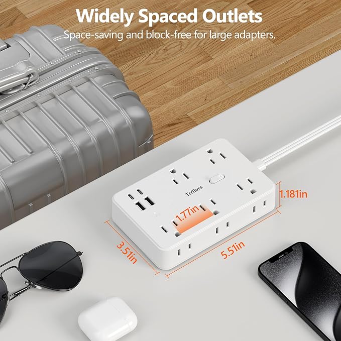 Surge Protector Power Strip 5 FT Flat Extension Cord ，10 AC Outlets & 4 USB - Image 3
