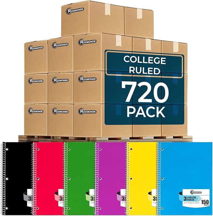 Rosmonde 720 Packs 3 Subject Notebooks, Spiral Notebook Bulk, College Ruled by Rosmonde
