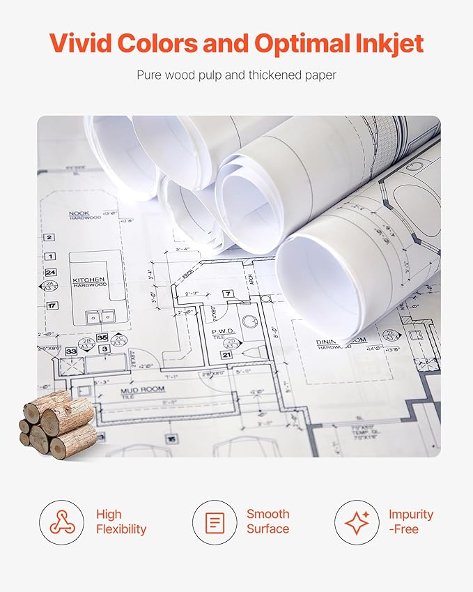 VEVOR Wide Format Paper, 24 in x 150 ft Plotter Roll, 20 Rolls CAD Bond Rolls - Image 5
