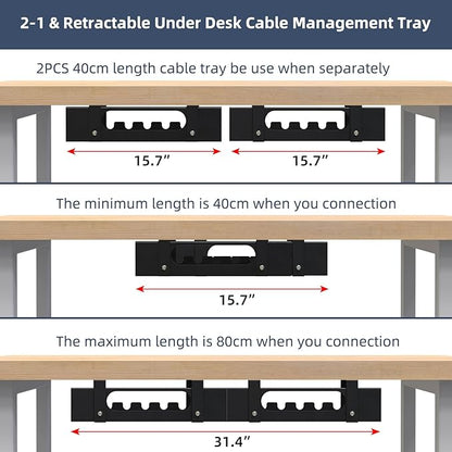 2 Pack Cable Management Under Desk Tray, Adjustable Length Large Cord Organizer - Image 2