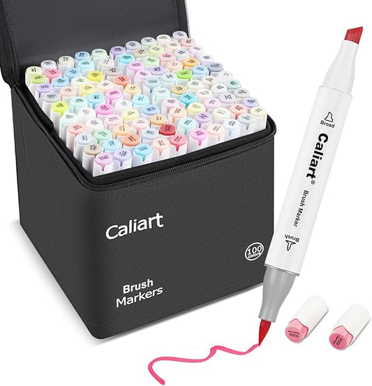 Caliart Pastel Alcohol Markers Brush Tip, 100 Colors Dual Tip Coloring Marker by Caliart