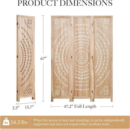66.9Inch Folding Room Divider, 3 Panels Wood Carved Privacy Screens, Free - Image 5