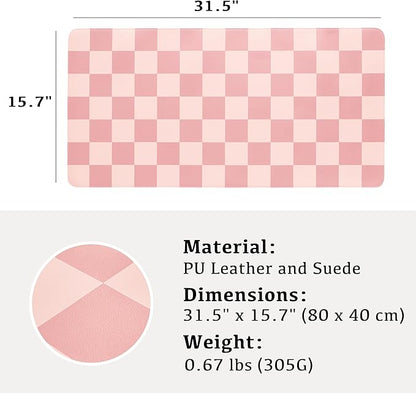 Ohocut Checkered Desk Mat, 31.5" x 15.7" Large Cute Coral Pink Aesthetic Retro - Image 3