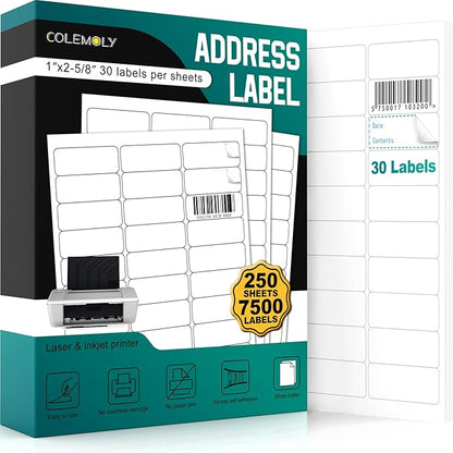 Address Labels 1’’x2-5/8’’ Stikcer Paper 30-UP 250 Sheets by Colemoly