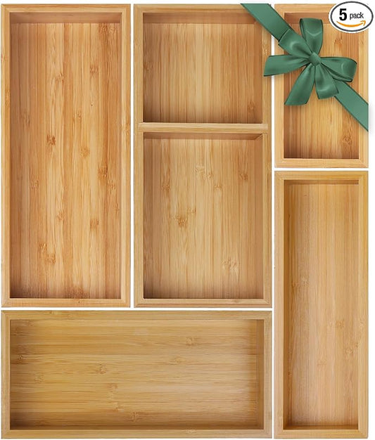 Bamboo Drawer Organizer Set, Junk Drawer Divider and Storage Trays Containers by MapleGrace
