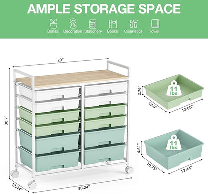 Rolling Storage Cart with 12 Drawers, Wooden Tabletop Utility Cart - Image 3