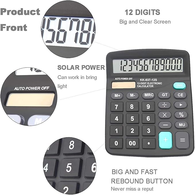 Calculators for Desk, BESTWYA 12-Digit Dual Power Handheld Desktop Calculator - Image 2