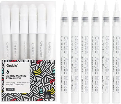 Grabie 6 White Extra Fine Tip Acrylic Paint Marker Set, 6 Pack, 0.7mm Acrylic - Image 9