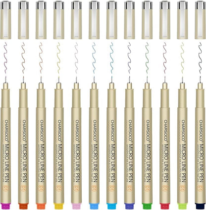 CHARSOCO 01 Micro Pen, 12 Colors Fine Point Pen, 0.25mm Fineliner Ink Pens by CHARSOCO