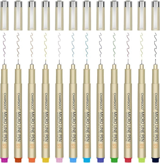 CHARSOCO 01 Micro Pen, 12 Colors Fine Point Pen, 0.25mm Fineliner Ink Pens by CHARSOCO