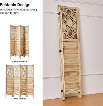 Svimi Folding Room Divider, 66.9 Inch 4 Panels Wood Carved Privacy Screens - Image 5