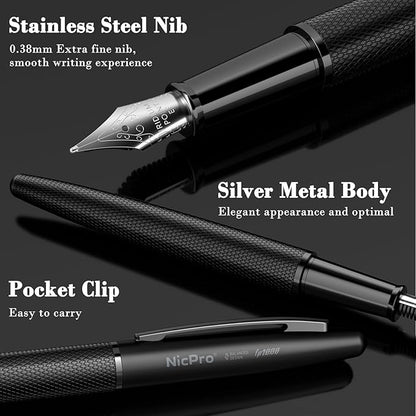 Nicpro Fountain Pen Set with Box, Classic Black Fancy Pen with Converter - Image 3