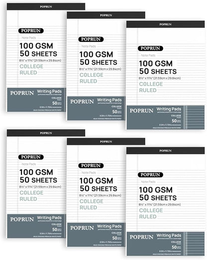 POPRUN White Legal Pads 8.5 x 11.75 College Ruled, 100GSM Writing Paper Pad by POPRUN