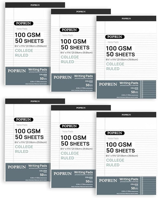 POPRUN White Legal Pads 8.5 x 11.75 College Ruled, 100GSM Writing Paper Pad by POPRUN