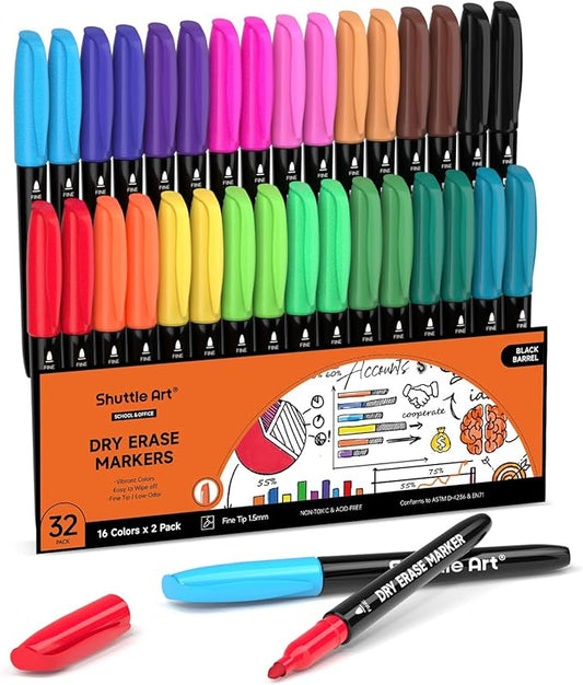 Shuttle Art Dry Erase Markers, 32 Pack 16 Colors Whiteboard Markers, Fine Tip by ShuttleArt