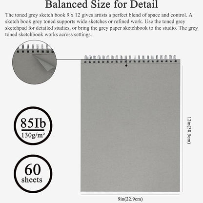 Fuxi Toned Grey Sketch Pad, 9x12 Spiral Sketchbook, 60 Sheets Art Paper - Image 2
