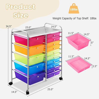 COSTWAY 15 Drawer Rolling Storage Cart, Utility Tools Paper Organizer on Wheels - Image 3