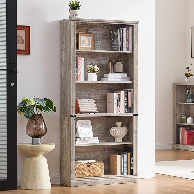 RWYHG 70" Grey Tall Bookshelf, 5-Tier Thick Wooden Book Shelf - Image 3
