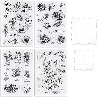 UCEC 4 Sheets Clear Stamps Set for Card Making, Vintage Plants Flowers Rubber by UCEC