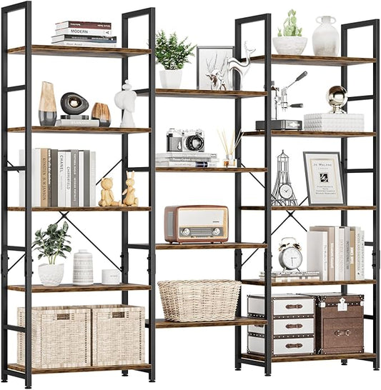 NUMENN Triple Wide 5 Tier Bookshelf, Rustic Industrial Style Bookcases by NUMENN