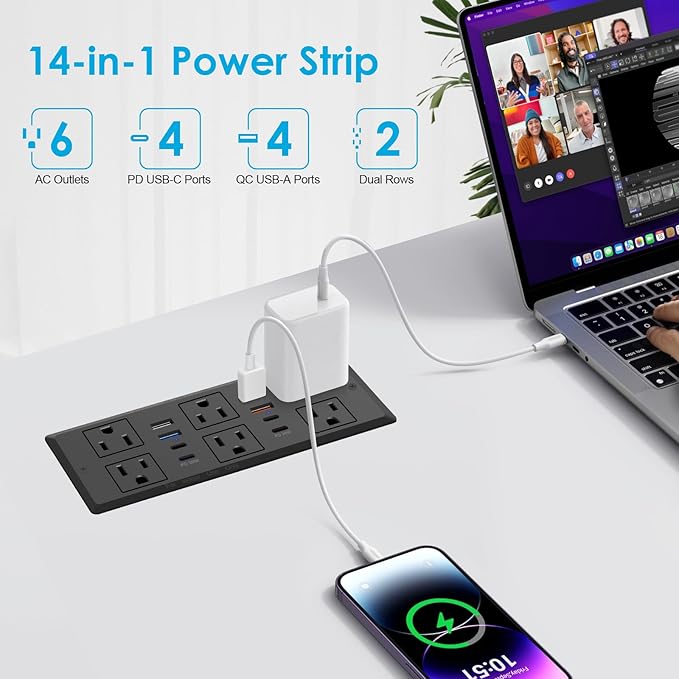 30W Recessed Power Strip USB C, Desk Flush Mount Outlet Plug in 6 AC & 8 USB - Image 3