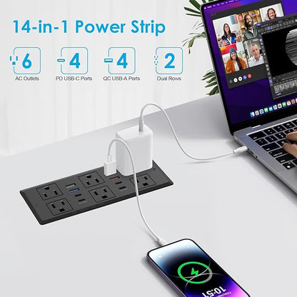 30W Recessed Power Strip USB C, Desk Flush Mount Outlet Plug in 6 AC & 8 USB - Image 3