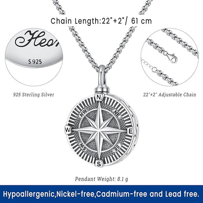 Compass Necklace for Women Men 925 Sterling Silver Pendant Urn Necklaces for - Image 4