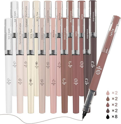 FUNFULL 16pcs Quick Dry Coffee Ink Rollerball Pens, 0.5mm Fine Point Colored by FUNFULL