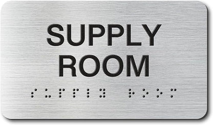 SUPPLY ROOM Signs with Raised Text & Grade 2 Braille, Brushed Aluminum/Silver by EliteSign