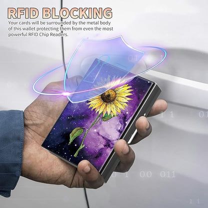 BWEGRHE Slim Credit Card Holder, Sunflower Yellow Purple Galaxy RFID Blocking - Image 3