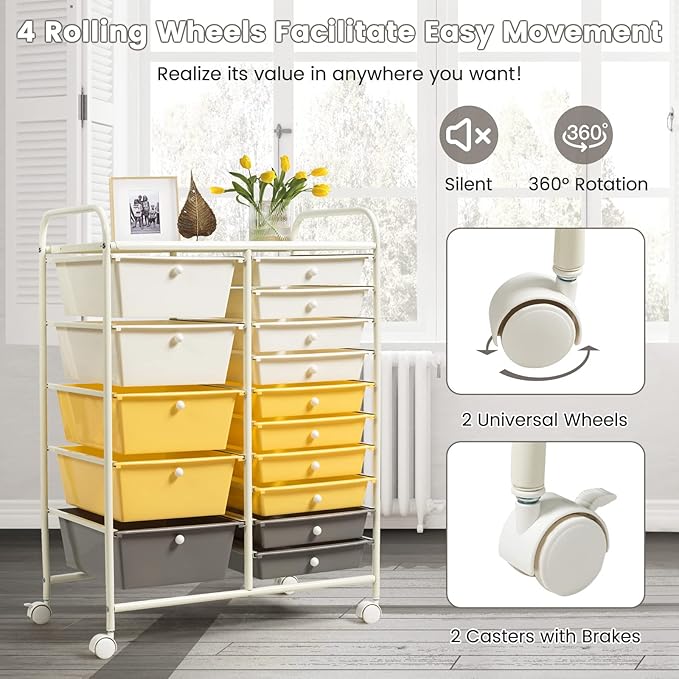 COSTWAY 15 Drawer Rolling Storage Cart, Utility Tools Paper Organizer on Wheels - Image 6