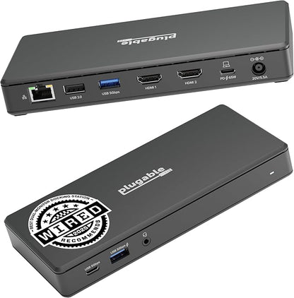 Plugable USB-C Docking Station Dual 4K 60Hz HDMI, 65W Charging, Gigabit Ethernet by Plugable