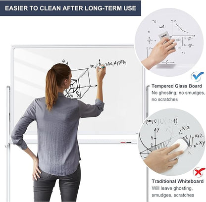 Mobile Clear Glass Whiteboard, 48 x 32 Inches Standing White Board on Wheels - Image 4
