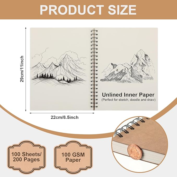 PerKoop 12 Pcs 8.5"x11" Spiral Sketch Pad A4 Large 100 Sheet Blank Notebook - Image 2