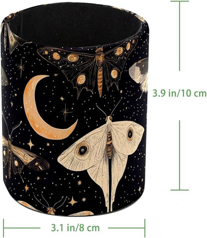 Leather Pen Holder for Desk, Butterflies Moth Moon Pencil Cup Desktop Organizer - Image 4