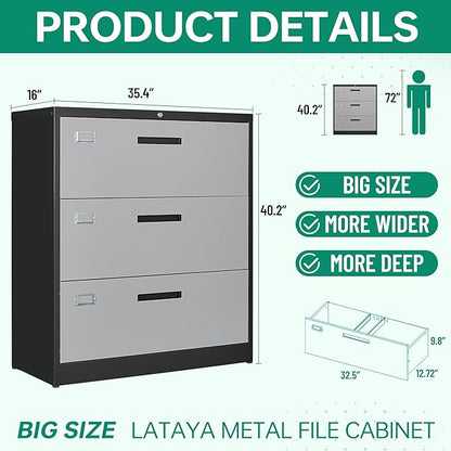 Letaya File Cabinet with Lock-Lateral 3 Drawer Metal Filing - Image 3