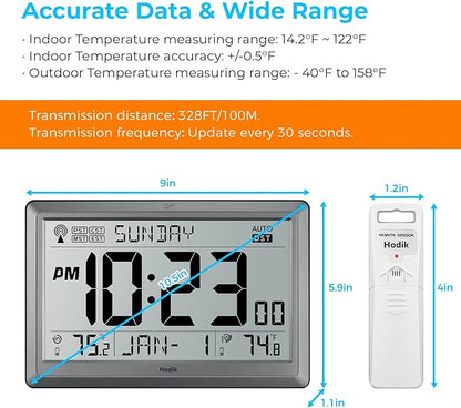 Wall Clock Atomic with Indoor Outdoor Temperature Battery Powered, Easy Reading - Image 5