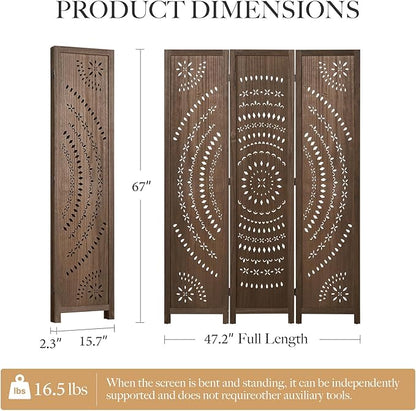 66.9Inch Folding Room Divider, 3 Panels Wood Carved Privacy Screens, Free - Image 7