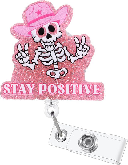 Stay Positive Skull Funny Nurse Badge Reel, Retractable ID Card Badge Holders by BVIIE