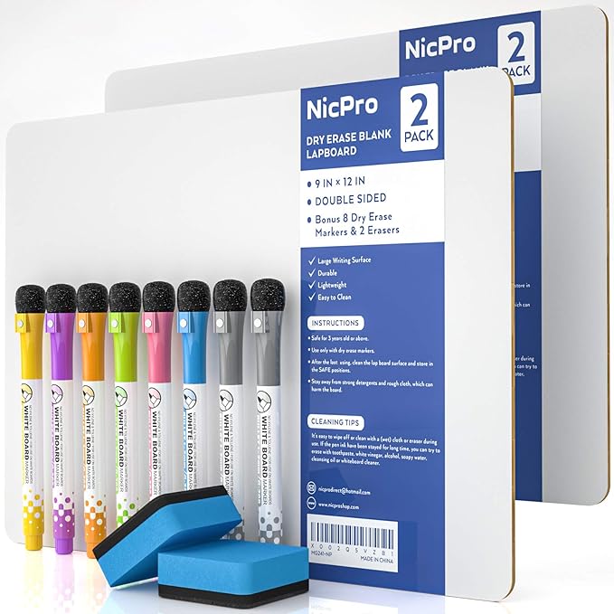 Nicpro Dry Erase Lap Board 9 x 12 inches 2 Pack Double Sided Blank Small by Nicpro