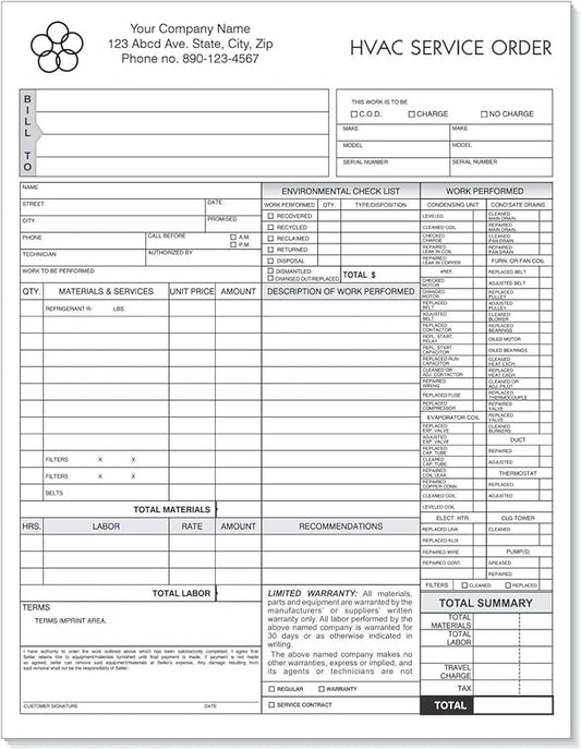 HVAC Service Order Invoice & Repair Detail Form, 3 Part Carbonless, Letter Size by NextDayLabels