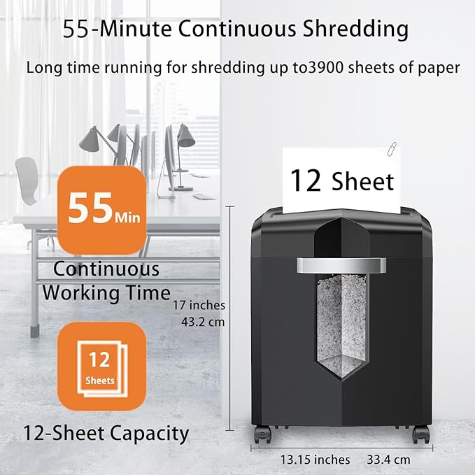 Bonsaii 12-Sheet Micro-Cut Paper Shredder, 55-Min Continuous Run, Shreds - Image 2
