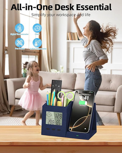 3-in-1 Wireless Charger with Pen Holder, Desk Clocks with Temperature and - Image 3