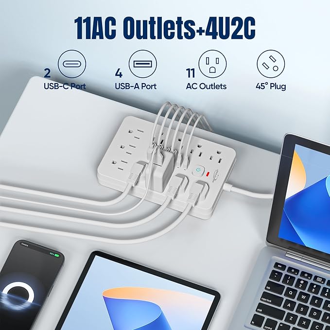 JouleLoom 6 FT Flat Plug Surge Protector Power Strip, 11 Multiple AC Outlets - Image 2