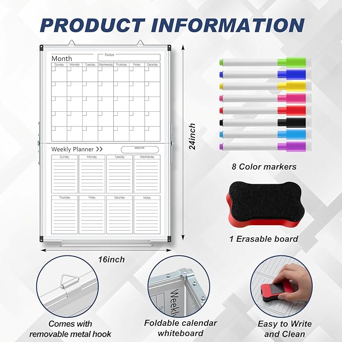 Lincia 24" x 16" Magnetic Vertical Monthly and Weekly Dry Erase Calendar - Image 2
