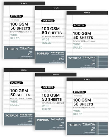 POPRUN White Legal Pads 8.5 x 11.75 Wide Ruled, 100GSM Writing Paper Pad by POPRUN