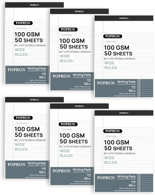 POPRUN White Legal Pads 8.5 x 11.75 Wide Ruled, 100GSM Writing Paper Pad by POPRUN