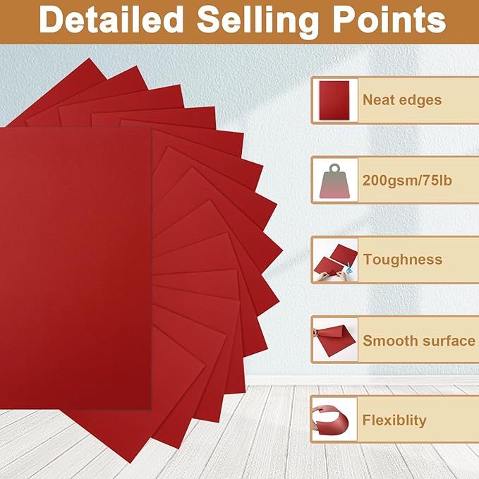 Silunkia 40 Sheets Christmas Red Cardstock 8.5 x 11 Craft Paper, 200gsm/75lb - Image 3