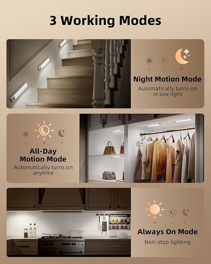 EZVALO 3 Pack Under Cabinet Lighting, 2400mAh Rechargeable Motion Sensor Light - Image 8
