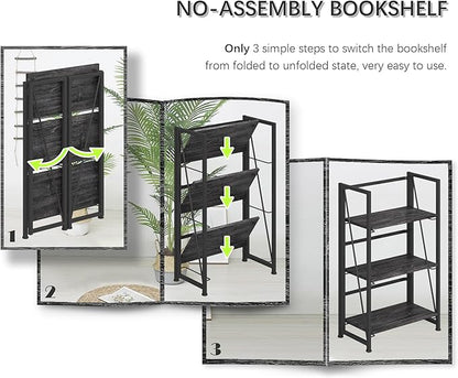 4NM No Assembly Folding Bookshelf Storage Shelves 3 Tiers Vintage Bookcase - Image 7